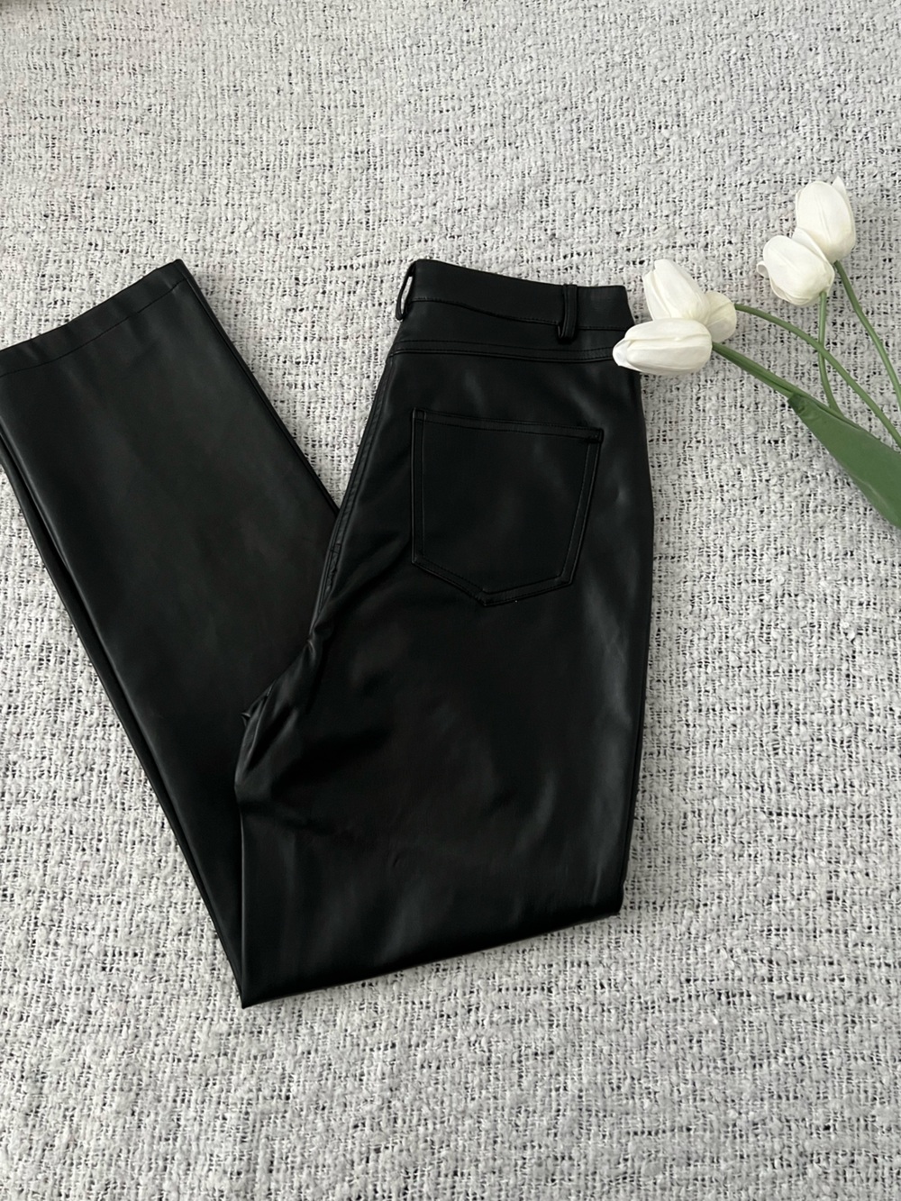 Black Faux Leather Straight-Leg Jeans for Women